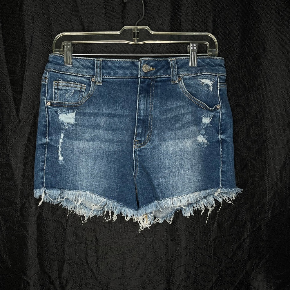 High rise jean shorts, dark wash with fringe. Size large